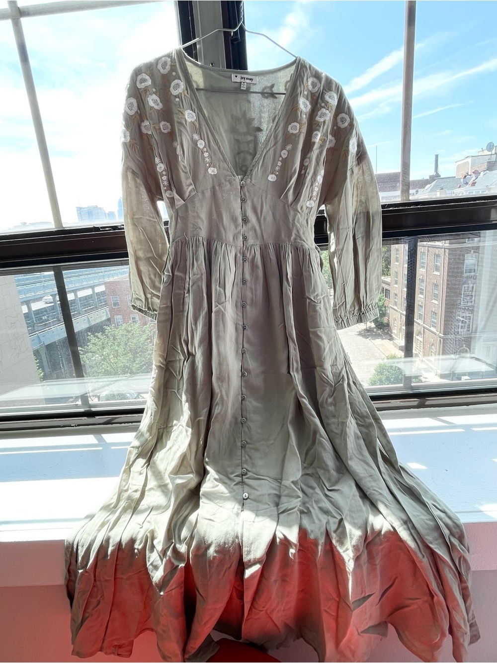 Light Sage Cottagecore Festival Dress with White Embroidery